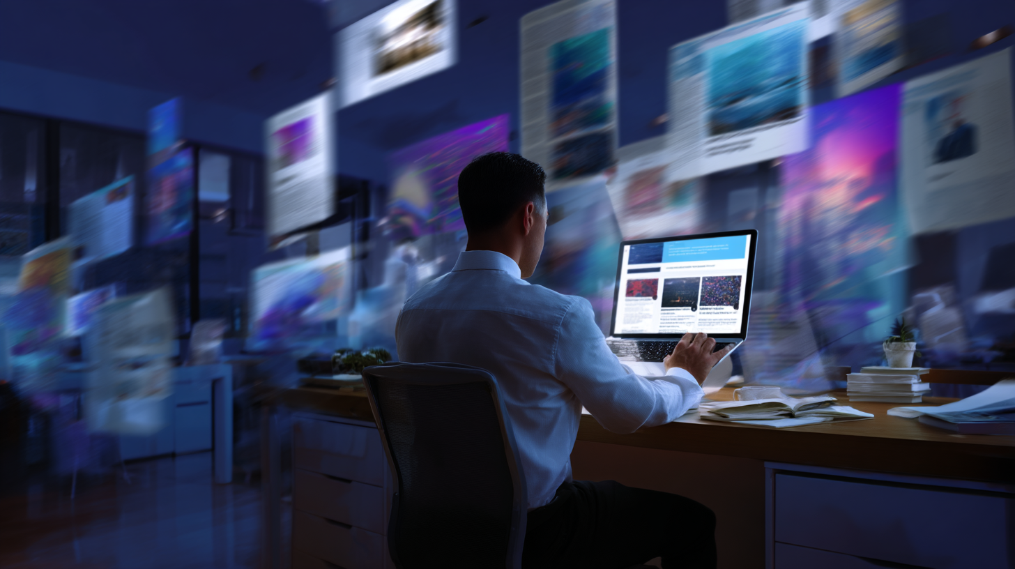 A man in a white shirt and tie is sitting at a desk in front of a laptop computer. He is working on a task, surrounded by various papers and images. The scene is set in a dimly lit room, creating a focused and professional atmosphere.